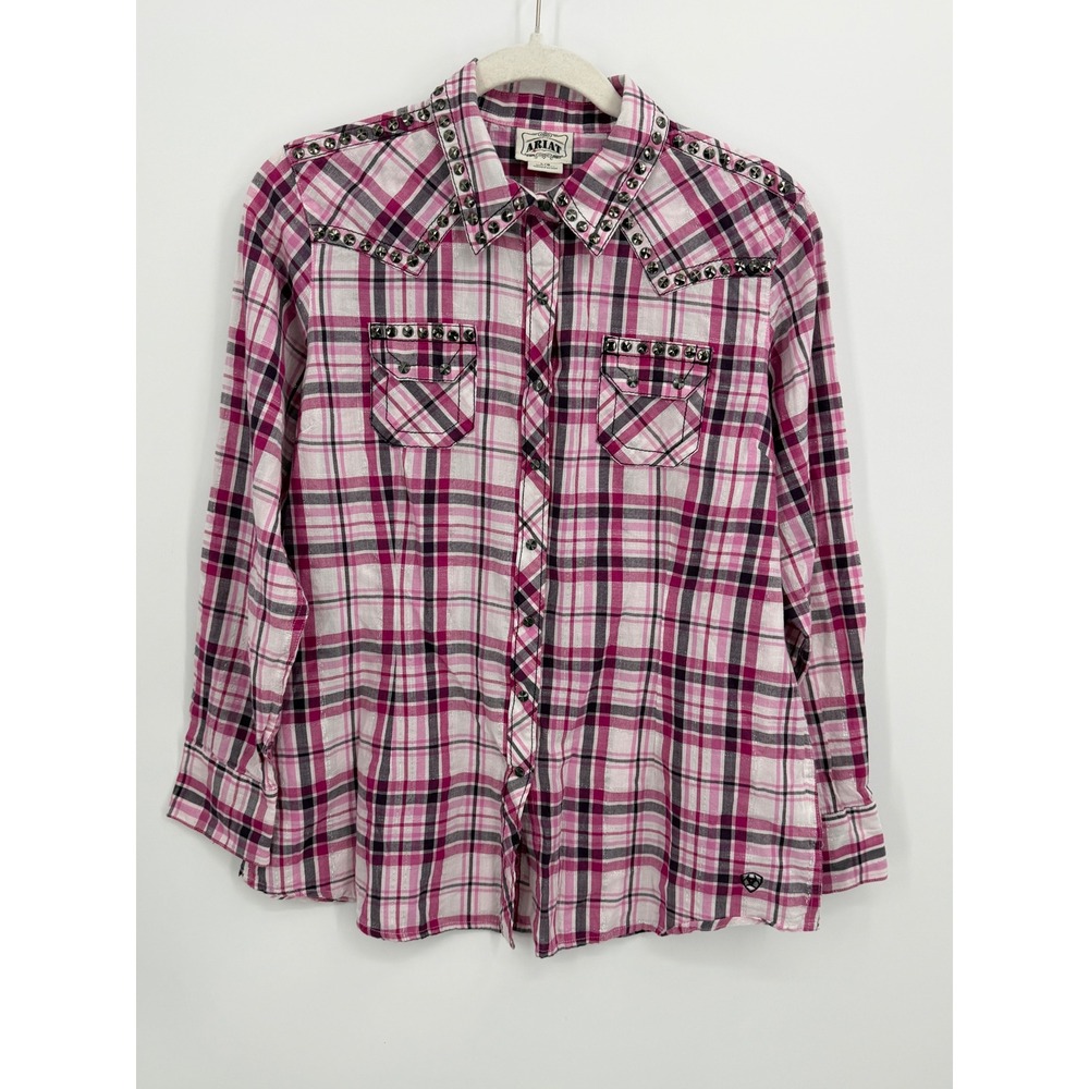 Ariat Button Down Shirt Womens‎ L Pink Plaid Studded Western Long Sleeve Cowgirl